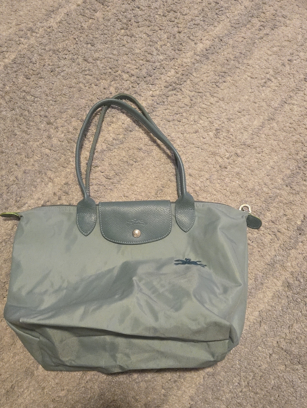 Longchamp Le Pliage Club Medium Shoulder Tote Bag Blue Mist Neon Green Trim - Picture 3 of 15